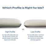 Comparison of high and low profile Stitchco pillows with text explaining their benefits.